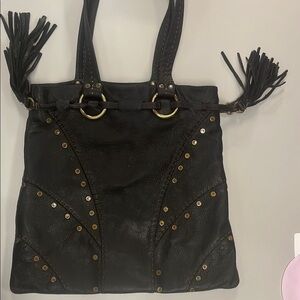 Carla Mancini Edgy Black and Gold leather Tote with Studded & fringe Details